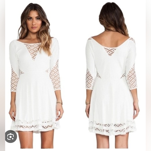 Free People Fit Flare Knit Skater Dress 3/4 Slv Lace Mesh Cutout  stretch Size L - Picture 4 of 12